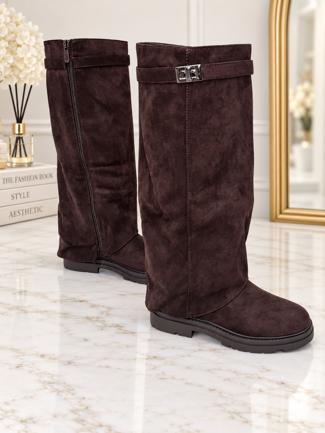 Faux suede boots.